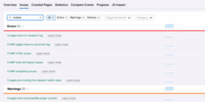 Showing the mobile issues section on SEMrush site audit feature