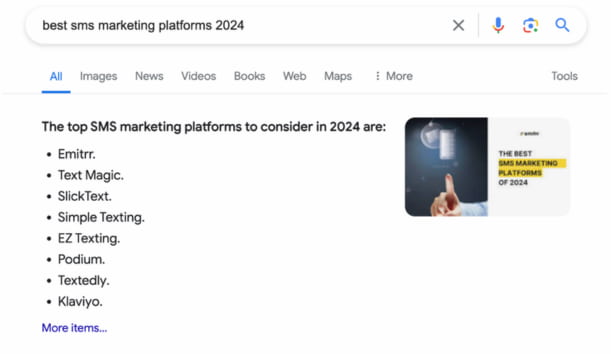 Google results from 'best sms marketing platforms 2024'