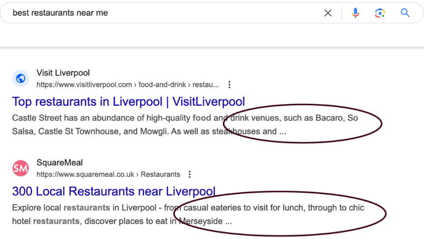 best restaurant near me in Google search