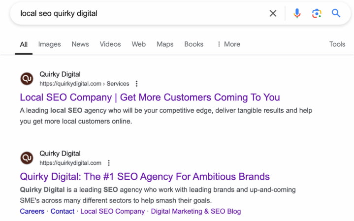Local SEO Quirky Digital typed into Google search