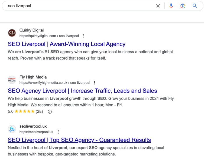 SEO Liverpool typed into Google search engine