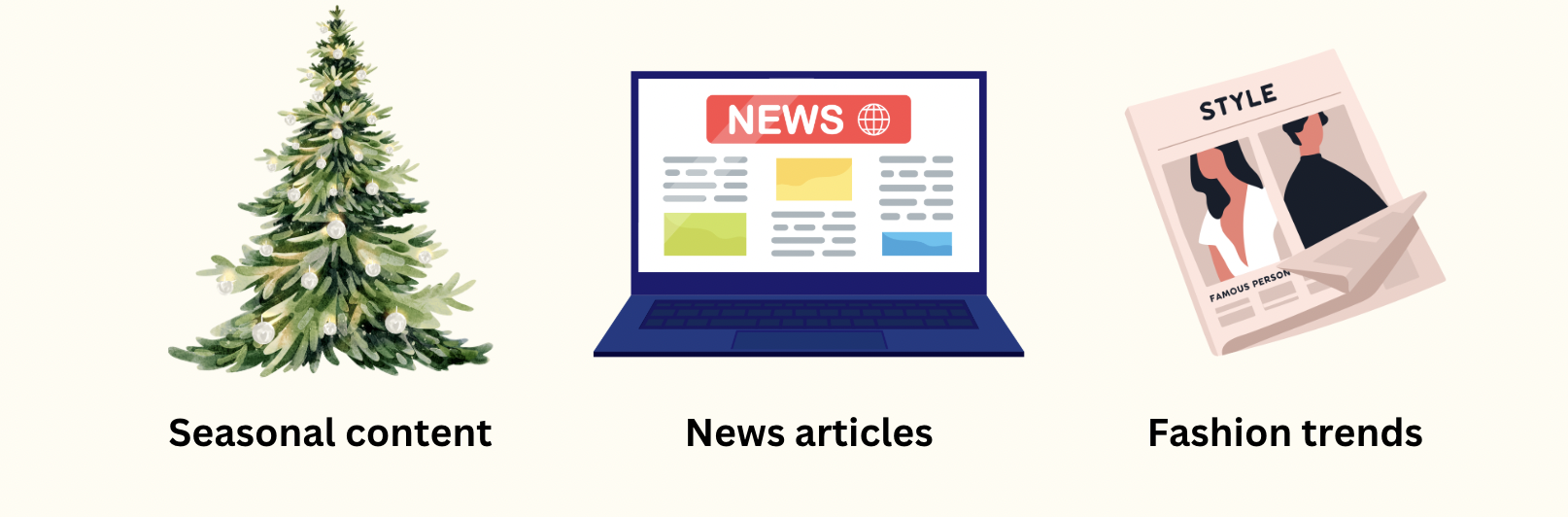 An image of examples of non-evergreen content: News articles and fashion trends